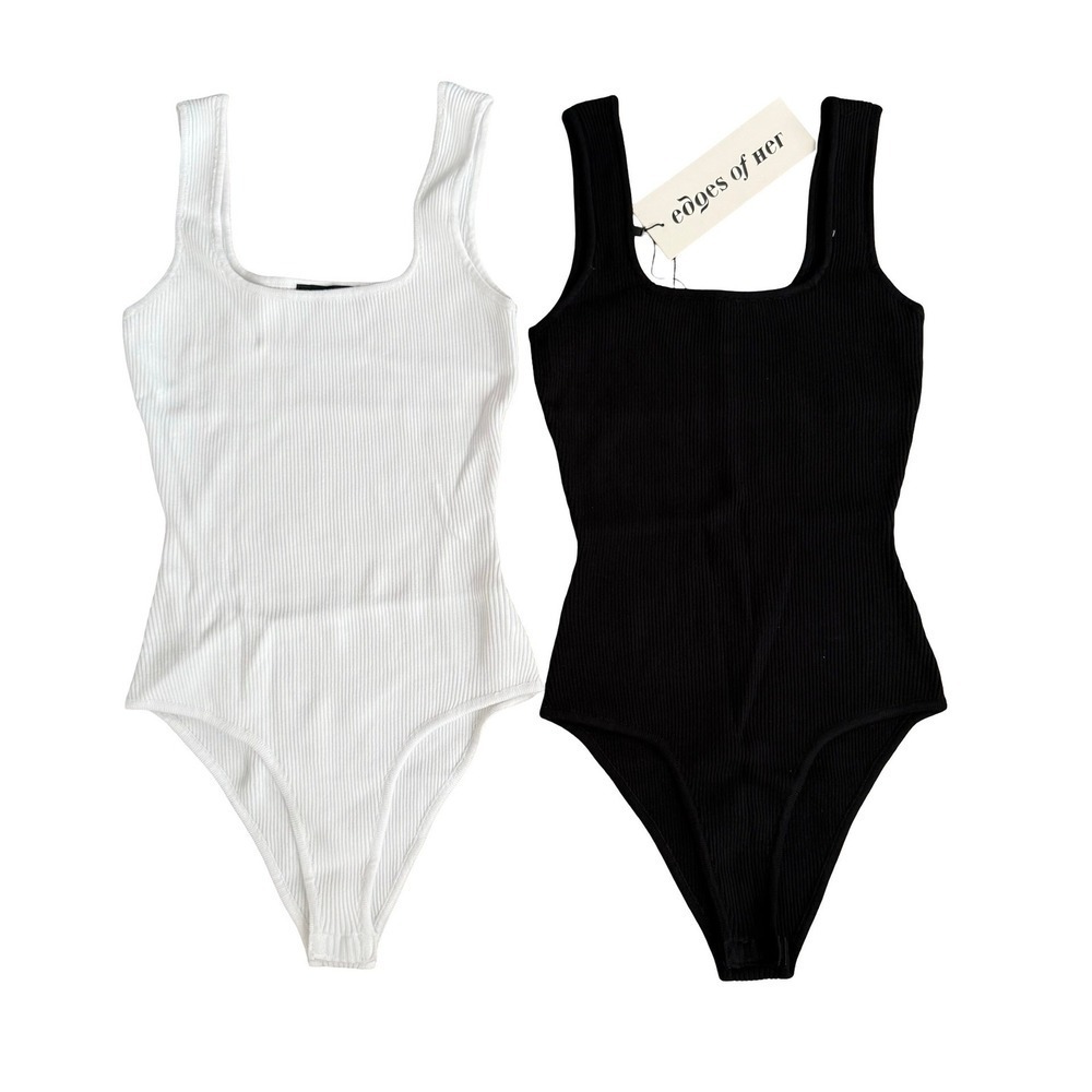 Bodysuit Black White Ribbed Square Neck Set of 2 Womens Small
